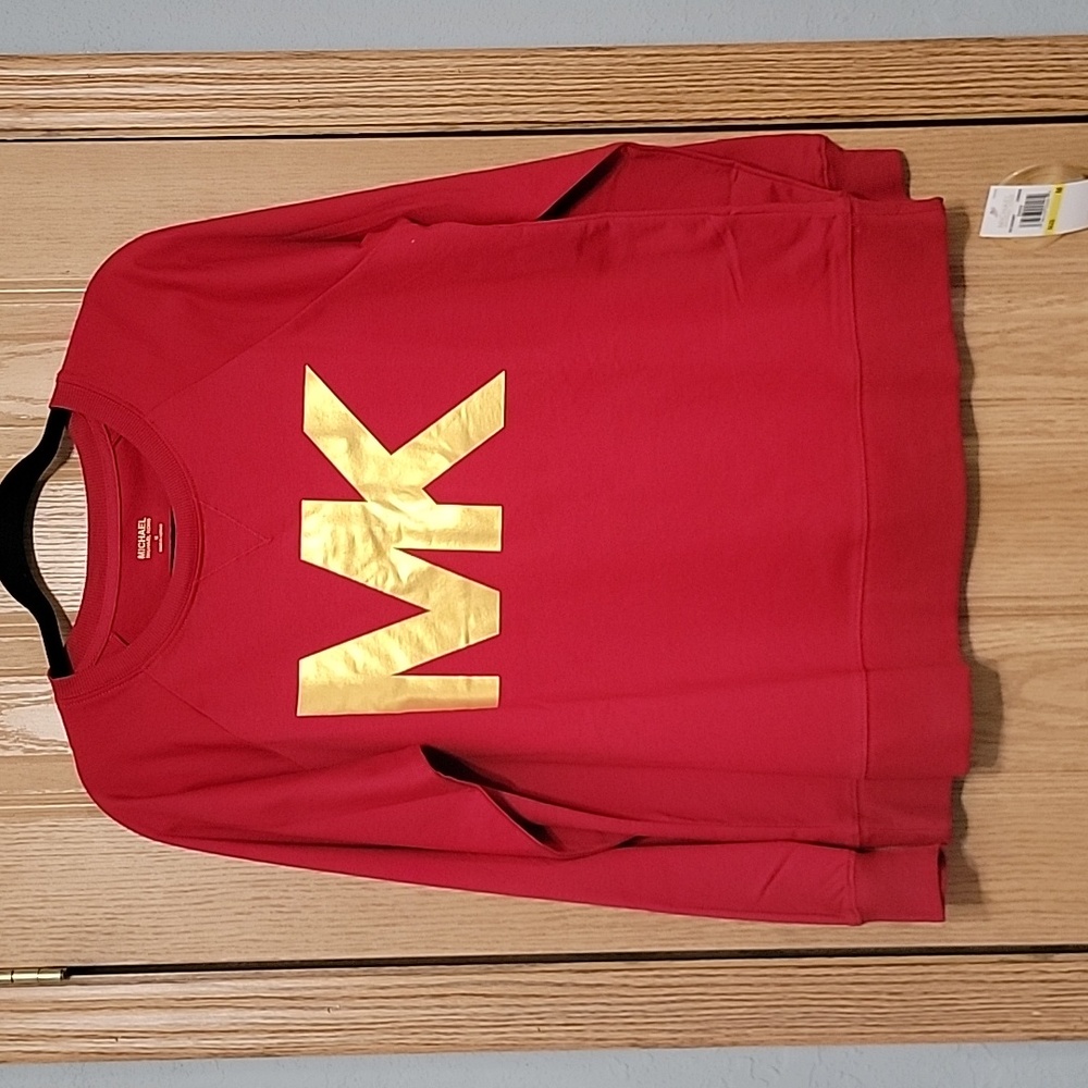Medium Michael Kors MK Crew Neck Pullover Sweatshirt Crimson Red and Gold Foil